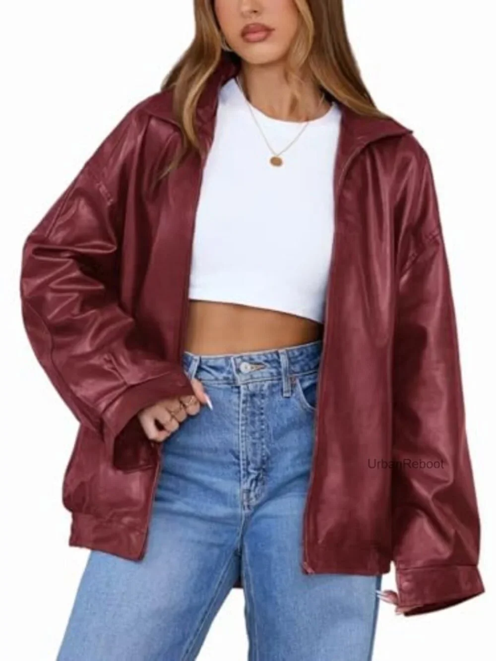 Faux Leather Oversized Motorcycle Bomber Jacket with Zipper Details
